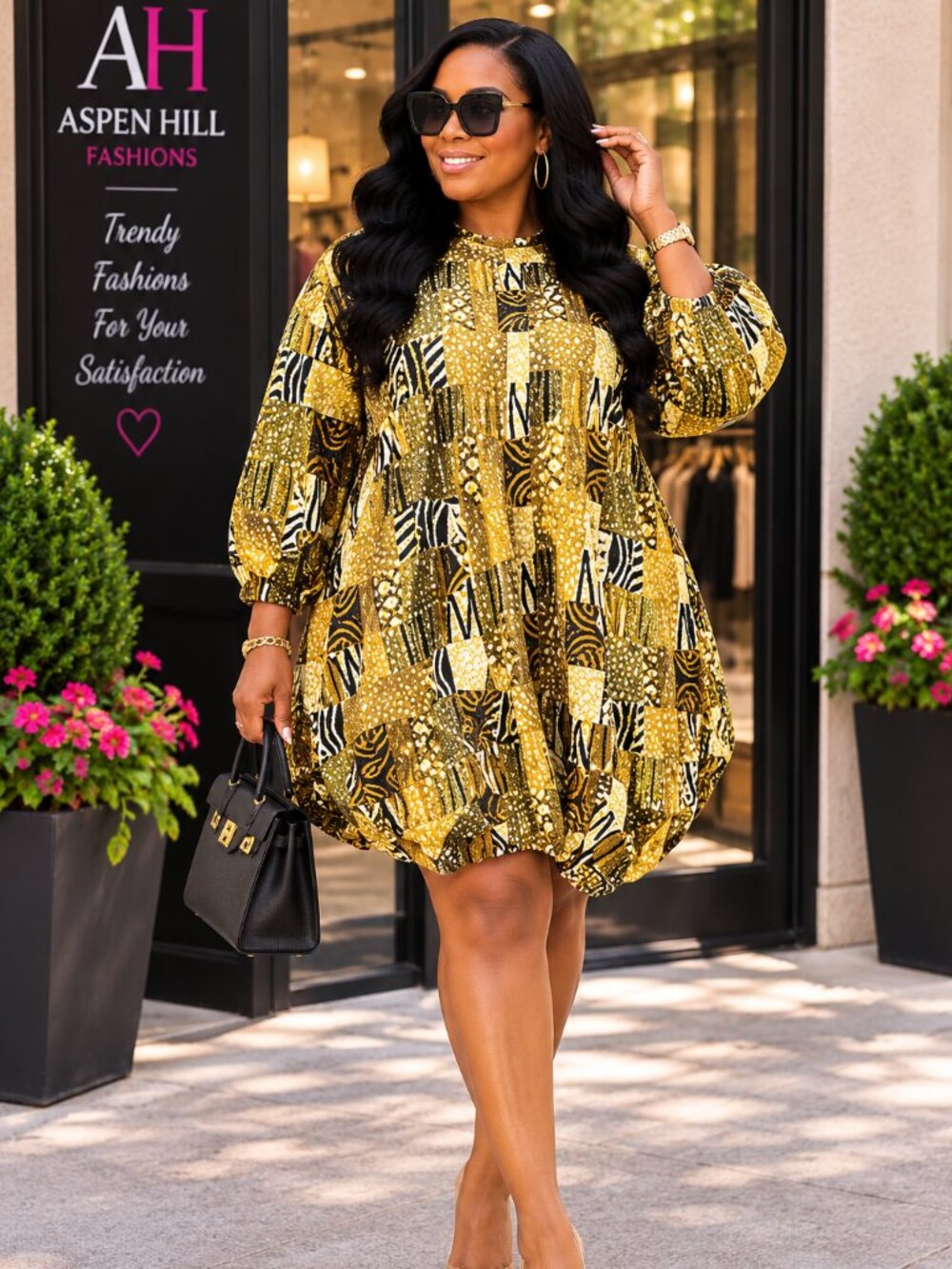 Plus Size Gold & Black Ankara Bubble Dress
